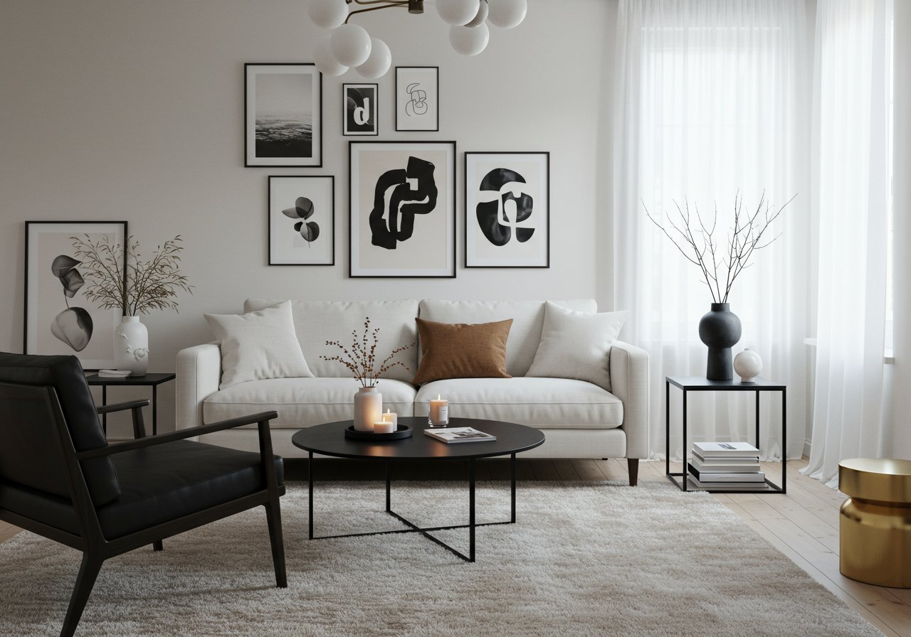 Salón luminoso con sofá blanco, mesa negra y cuadros en blanco y negro