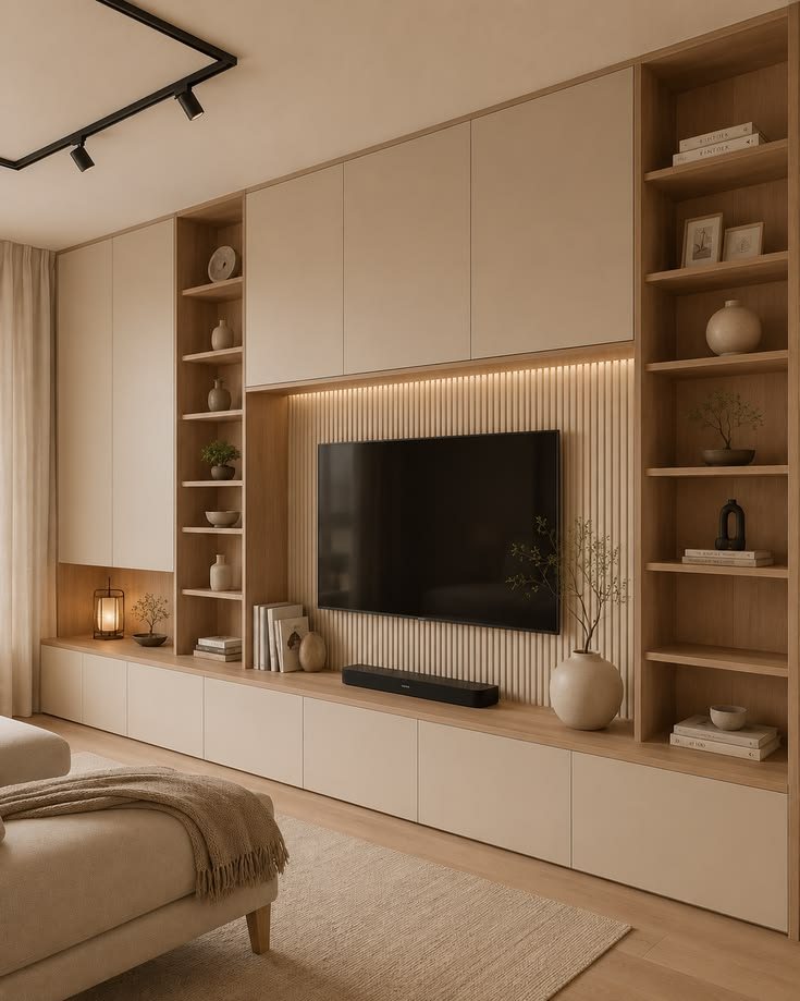 Salón reformado con mueble a medida de madera y retroiluminación