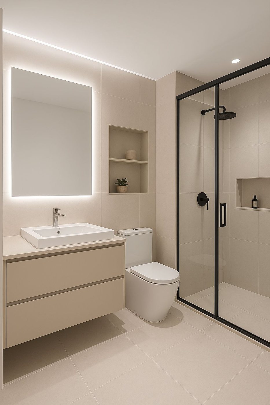 Baño beige con espejo retroiluminado y mampara negra